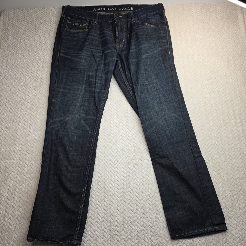 American Eagle Mens Low Rise Boot Jeans Dark Wash Blue 38x32 Whiskered Cotton